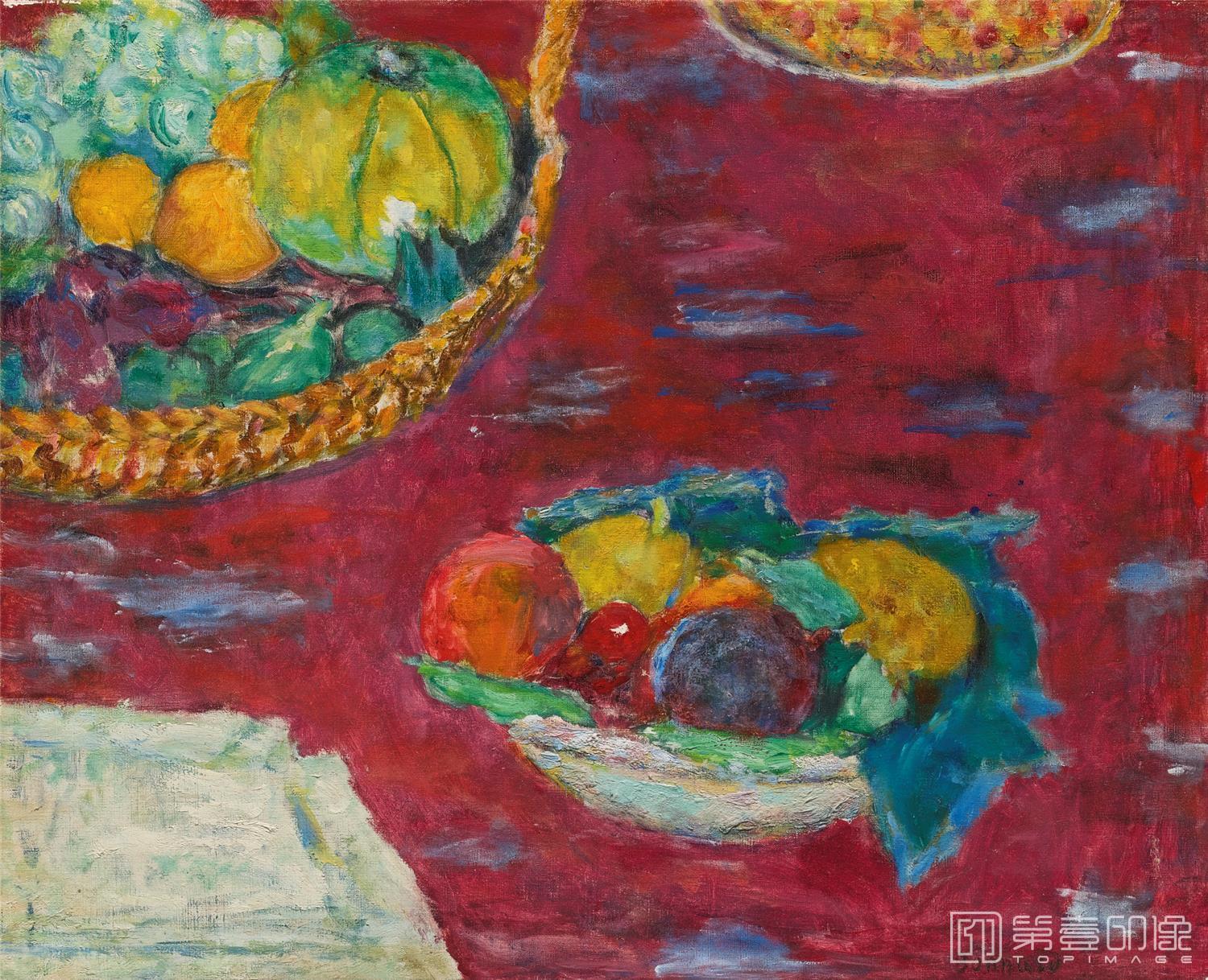 油画-COUPE ET CORBEILLE DE FRUITS
